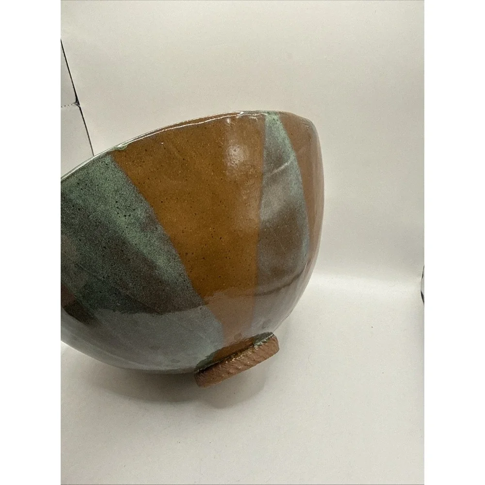 Hand Made Pottery Bowl, Artist Signed JS Blue Green Color Embossed 9.5